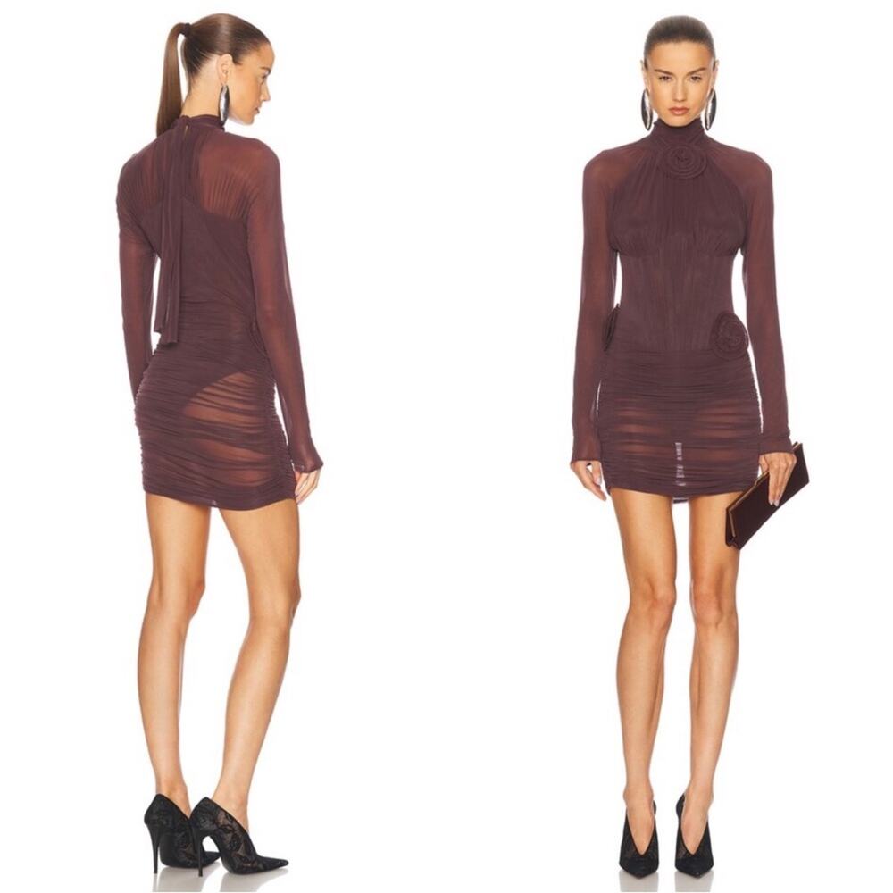MAGDA BUTRYM Sheer Long Sleeve Floral Rosette Boned Bodice Brown Mini Dress Sz 2